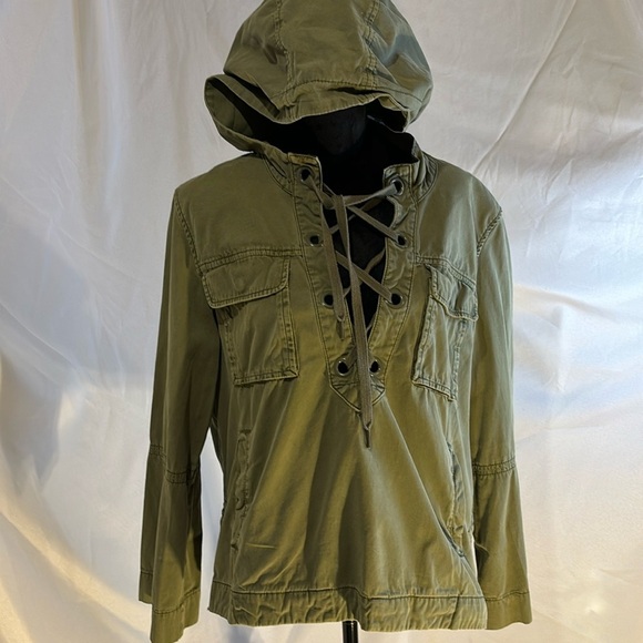 Free People Safari Pullover Lace up Army Green Anorak Hooded Top Size S - Picture 2 of 11